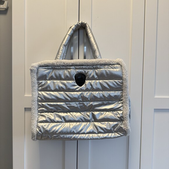 Pajar Handbags - PAJAR Canada Metallic Silver Puffer Tote Bag Faux Shearling Trim Quilted Handbag